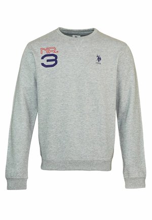 Šedá mikina z bavlněné směsi s kulatým výstřihem, dlouhými rukávy a vyšívanými detaily s nápisem 'NR. 3' a logem USPA.