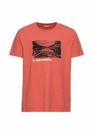 Kortarmig T-shirt in roestkleur met een zwart natuurtafereel van een meer en bergen, en witte tekst met de tekst "Share an adventure accept new challenges."
