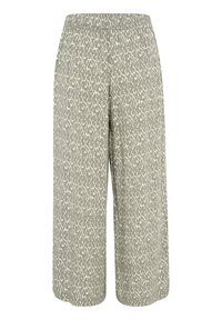 Lichtgroene culottes met een gestructureerd abstract patroon in gebroken wit, met een elastische tailleband en brede, vloeiende pijpen.