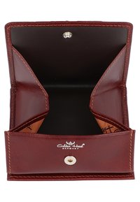 Burgundy leather wallet with a snap closure, featuring two compartments and a smooth interior lining. Imprinted brand logo visible.