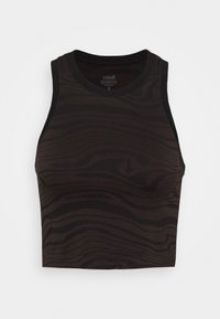 Top corto negro sin mangas con un patrón de olas sutil, hecho de material elástico. Presenta un escote redondo y detalles negros en las sisas.