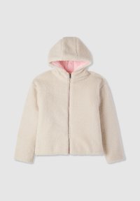 Giacca con cappuccio in pile color crema, con una fodera liscia rosa. Presenta una cerniera frontale e un esterno morbido e strutturato per il calore.