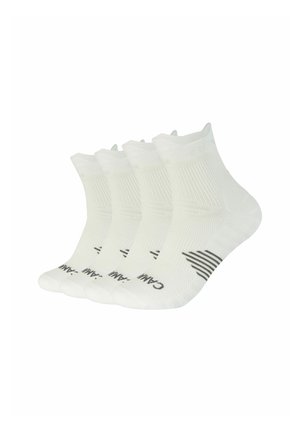 Witte enkelsokken in een verpakking van vier, met een geribbelde textuur, versterkte teen en grijze accentstrepen aan de zijkanten. Elastische boord.