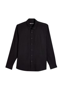 Camicia nera a maniche lunghe con colletto, realizzata in un tessuto testurizzato, con chiusura frontale a bottoni e polsini abbottonati.