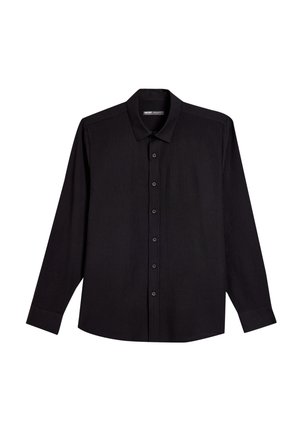 Camicia nera a maniche lunghe con colletto, realizzata in un tessuto testurizzato, con chiusura frontale a bottoni e polsini abbottonati.
