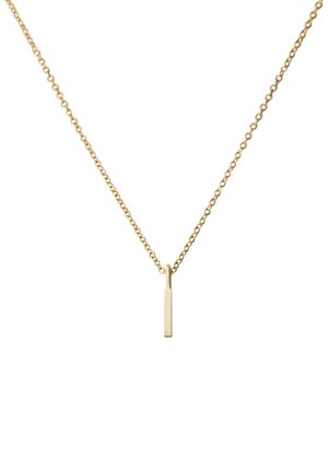 Halskette in Goldoptik mit einer filigranen Kette und einem rechteckigen Anhänger mit glatter, polierter Oberfläche. Einfaches und minimalistisches Design.