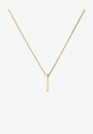 Collier doré avec une chaîne délicate et un pendentif rectangulaire à la finition lisse et polie. Design simple et minimaliste.