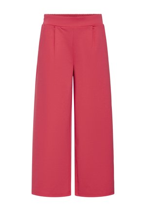 Augsta vidukļa, vaļīgas korallkrāsas bikses ar elastīgu jostu un sānu kabatām, izgatavotas no gludas auduma.