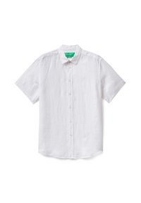 Camicia bianca a maniche corte con bottoni, realizzata in tessuto leggero, dotata di colletto e texture sottile, con orlo dritto e cinque bottoni.