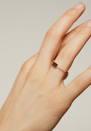 Anillo de oro con una piedra rectangular oscura, montado en una delicada banda decorada con pequeños acentos brillantes. Mano muestra textura natural.