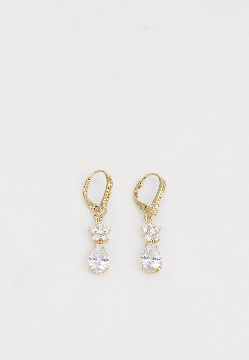 Gold-tone earrings featuring a floral cluster design with clear gemstones, including a pear-shaped drop, suspended from leverback clasps.