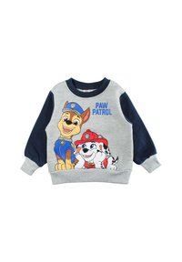 Sweatshirt gris avec manches bleu marine, présentant les personnages de dessin animé Chase et Marshall de "La Pat' Patrouille" et le texte en gras "PAW PATROL".