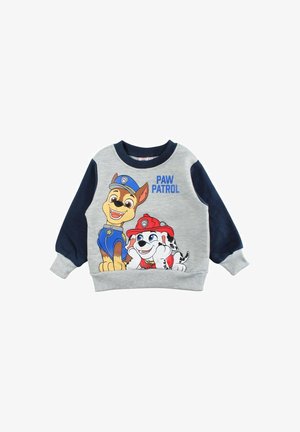 Sweatshirt gris avec manches bleu marine, présentant les personnages de dessin animé Chase et Marshall de "La Pat' Patrouille" et le texte en gras "PAW PATROL".