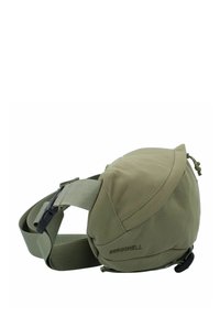 Borsa a tracolla verde oliva realizzata in tessuto resistente, con design arrotondato, tracolla regolabile e fibbia laterale per una chiusura sicura.