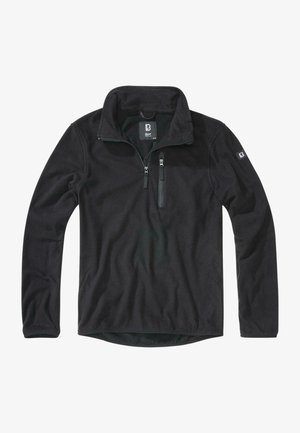 Schwarzer Fleece-Pullover mit einem Viertel-Reißverschluss-Kragen, zwei Reißverschlusstaschen auf der Brust und langen Ärmeln. Weicher Stoff und lockere Passform.