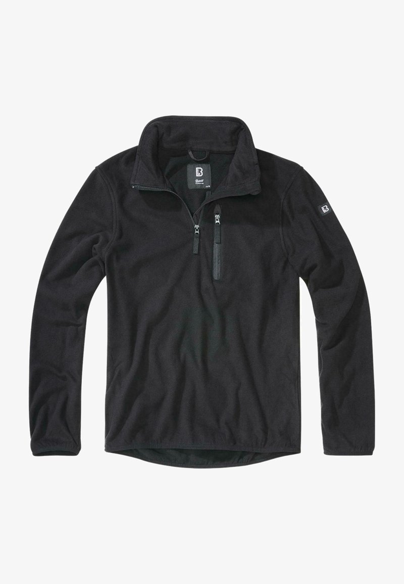 Svart fleece-pullover med kvart-zip krage, to glidelåslommer på brystet og lange ermer. Myk tekstur og avslappet passform.