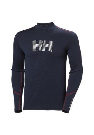 Camiseta de manga larga azul marino con cuello alto, que presenta un gran logo 'HH' de rayas blancas, detalles en rojo y tejido texturizado.