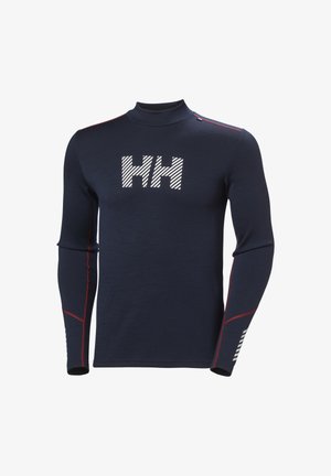 Camiseta de manga larga azul marino con cuello alto, que presenta un gran logo 'HH' de rayas blancas, detalles en rojo y tejido texturizado.
