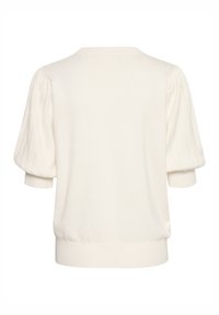Pull en maille couleur crème avec des manches courtes et bouffantes et un ourlet côtelé. Le tissu semble doux et texturé, avec une forme classique et décontractée.