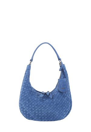 Blaues, geflochtenes Lederhandtasche mit geschwungener Form, seitlichem Schleifendetail und strukturiertem Finish. Verfügt über einen Reißverschluss in Silberoptik und ein abnehmbares Etikett.
