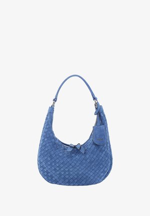 Blue woven leather handbag with a curved shape, a side bow detail, and a textural finish. Features a silver-tone zipper and detachable tag.