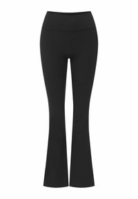 Czarne dzwony z bezszwowym pasem wykonane z gładkiego, elastycznego materiału. Styl charakteryzuje się dopasowaną górą i rozszerzanym dołem.