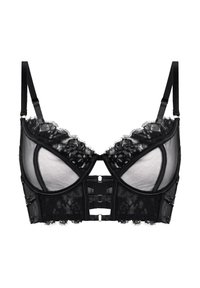 Μαύρο σουτιέν από δαντέλα με λεπτομέρειες από δίχτυ, υποστήριξη από σίδερο, ρυθμιζόμενους ιμάντες, μπροστινή σχισμή σε σχήμα κλειδιού, δαντέλα με κυματιστές άκρες και κλείσιμο με αγκίστρι και μάτι στην πλάτη.