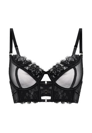 Soutien-gorge en dentelle noire avec des détails en mesh, soutien-gorge avec armatures, bretelles réglables, décolleté en forme de clé, bordure en dentelle festonnée et fermeture à crochets et œil à l'arrière.