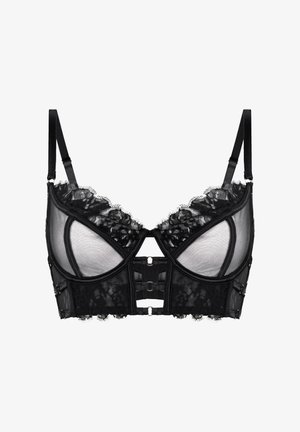 Soutien-gorge en dentelle noire avec des détails en mesh, soutien-gorge avec armatures, bretelles réglables, décolleté en forme de clé, bordure en dentelle festonnée et fermeture à crochets et œil à l'arrière.