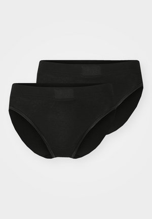 Two pairs of black cotton briefs with a smooth texture, elastic waistband, and no patterns or visible hardware. Classic underwear design.