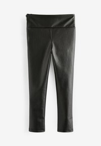 Leggings in ecopelle nera con una texture liscia. Presentano una vita alta e un design lunghezza caviglia, senza hardware o pattern visibili.