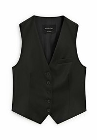 Svart skräddarsydd väst med fem frontknappar, V-ringning och en liten bröstficka, visad platt på en vit bakgrund.