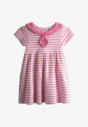 Lühikese varrukaga roosa-valgete triipudega beebikleit, millel on ühtlane roosa paadikaelusega seotus sõlme detailiga.