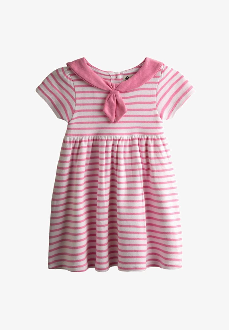 Kurzes Baby-Kleid mit pink-weißen Streifen, kurzen Ärmeln und festem pinkfarbenem Matrosenkragen mit Knoten.