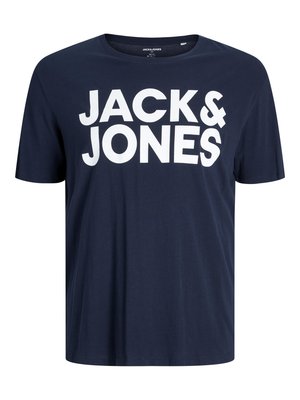 Navyblaues Baumwoll-T-Shirt mit Rundhalsausschnitt, das mit auffälligem weißen "JACK & JONES"-Text über der Brust versehen ist. Kurze Ärmel, lockere Passform.
