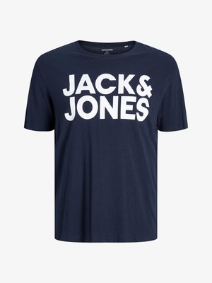 Navy blue cotton t-shirt with a crew neck featuring bold white "JACK & JONES" text across the chest. Short sleeves, relaxed fit.