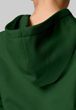 Dark green hoodie with a soft, smooth texture, featuring a high neck and a large, loose hood. Stitching is visible along the seams.