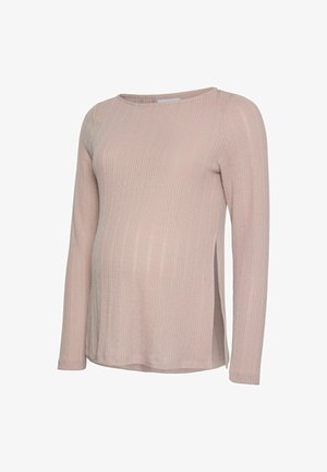 Svetlo roza dolgi rokavi materinski top z rebrasto teksturo, okroglim izrezom, stranskimi rezi in sproščenim krojem. Mehka tkanina za udobje.