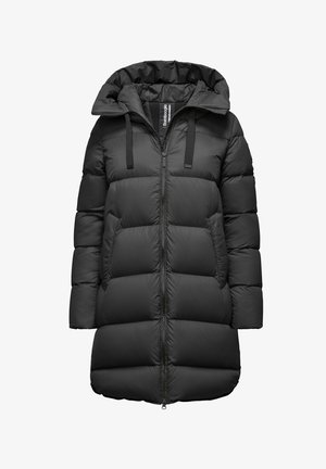 Giubbotto a sacco nero con cappuccio, dotato di chiusura a zip, design trapuntato e cordini regolabili. Tessuto liscio e leggero.