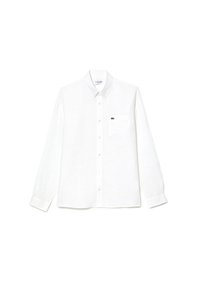 Camicia bianca a maniche lunghe in lino, con colletto abbottonato, taschino sul petto e un piccolo logo di coccodrillo verde sul lato sinistro del petto.