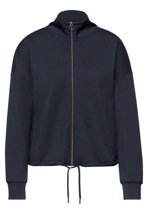 Sweat-shirt à fermeture éclair bleu marine avec col montant, manches longues, poignets côtelés et ourlet réglable avec cordon de serrage.