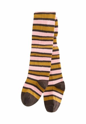 Knielange gestreifte Socken in Pink, Braun und Senfgelb, mit horizontalen Streifen in unterschiedlichen Breiten und einer weichen, gestrickten Struktur.