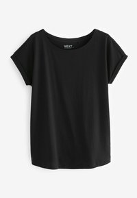 Camiseta de algodón negra con cuello redondo y mangas cortas dobladas, con un ajuste relajado y una textura suave, diseñada para uso casual.