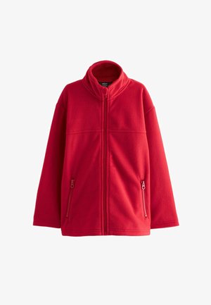 Veste en polaire rouge avec un col montant, un devant zippé et deux poches latérales zippées. Présente une coupe décontractée et un tissu doux et texturé.
