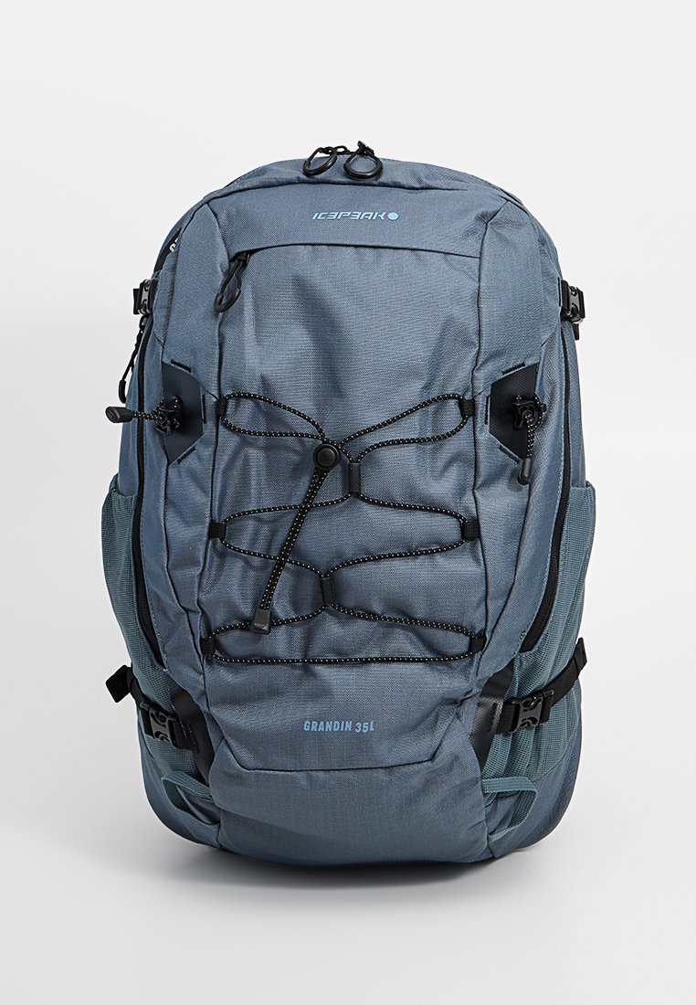 Blauer Wanderrucksack mit strukturiertem Oberflächenmaterial, verstellbaren Trägern, einer Bungee-Kordelverschluss auf der Vorderseite und einem Volumen von 35 Litern.