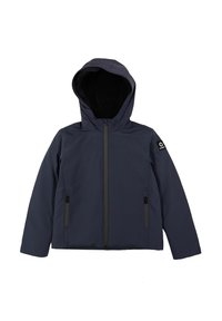 Giacca a vento blu navy con cappuccio, chiusura anteriore con zip, due tasche con zip e patch con logo sulla manica sinistra, progettata per il freddo.