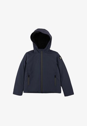Giacca a vento blu navy con cappuccio, chiusura anteriore con zip, due tasche con zip e patch con logo sulla manica sinistra, progettata per il freddo.