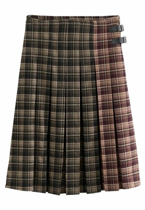 Mid-length pleated skirt with black, beige, and burgundy plaid pattern, featuring two black buckle straps on the right side.