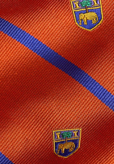 Πορτοκαλί υφασμάτινη ύφη με διαγώνια μπλε ρίγα και δύο μικρές κεντημένες ασπίδες που απεικονίζουν έναν ελέφαντα και ένα δέντρο.