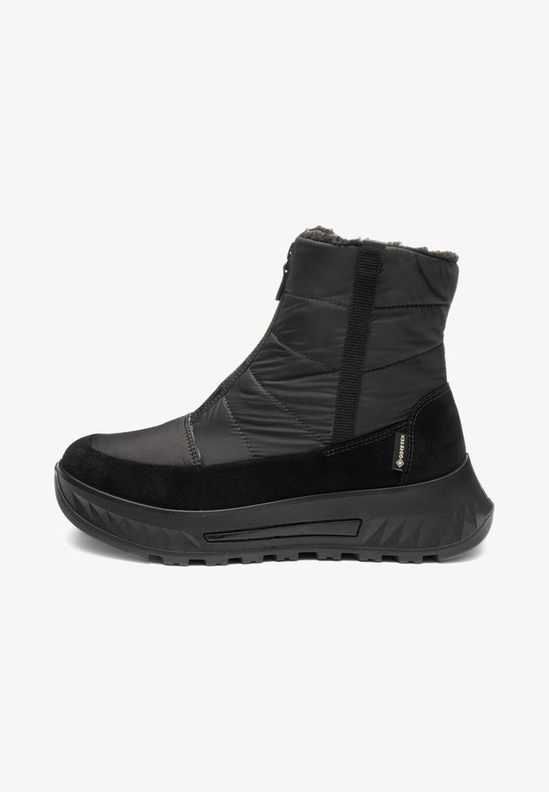 Black insulated winter ankle boot with thick treaded sole, zipper front, and Gore-Tex fabric label on the side.